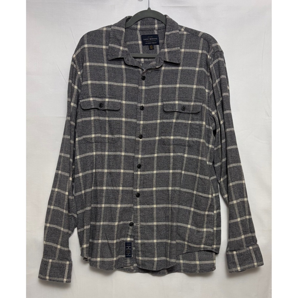 Lucky Brand Flannel Shirt Mens L Grey Excellent Saturday Stretch Grid Plaid